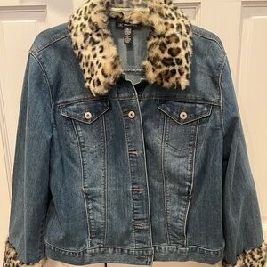 INC International Concepts Blue Denim Jacket with Leopard Print Collar